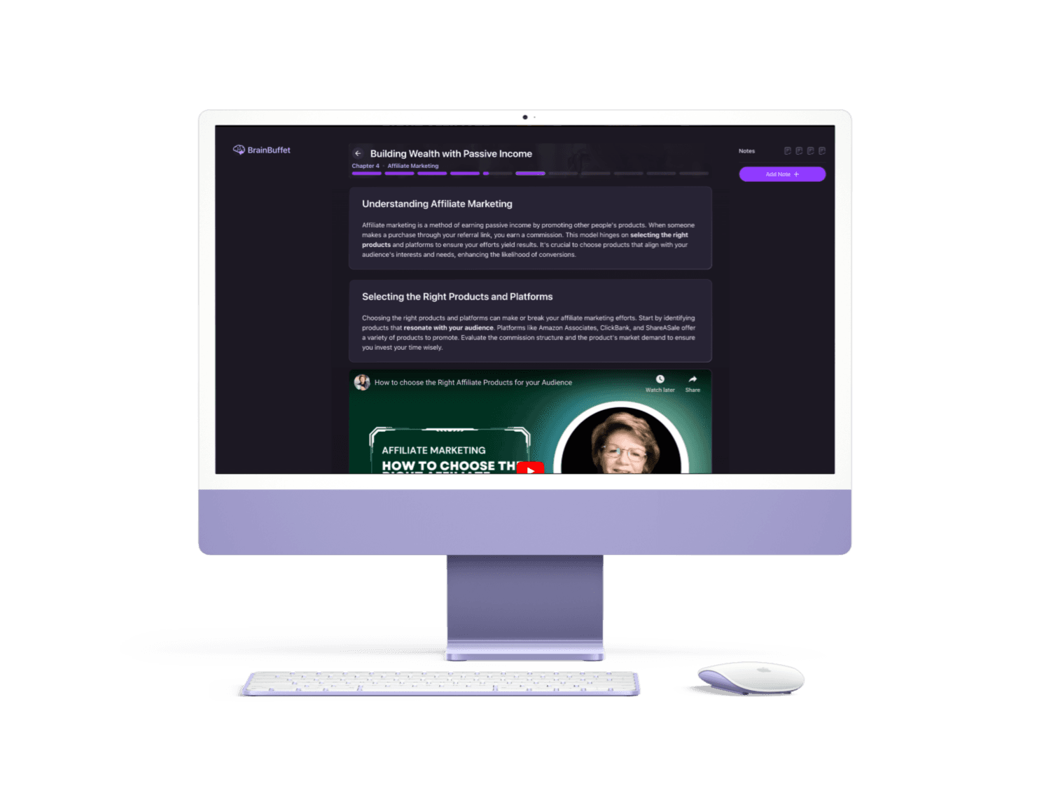 Saved BrainBuffet desktop composition showing a chapter, progress track, embedded video, and notes sidebar