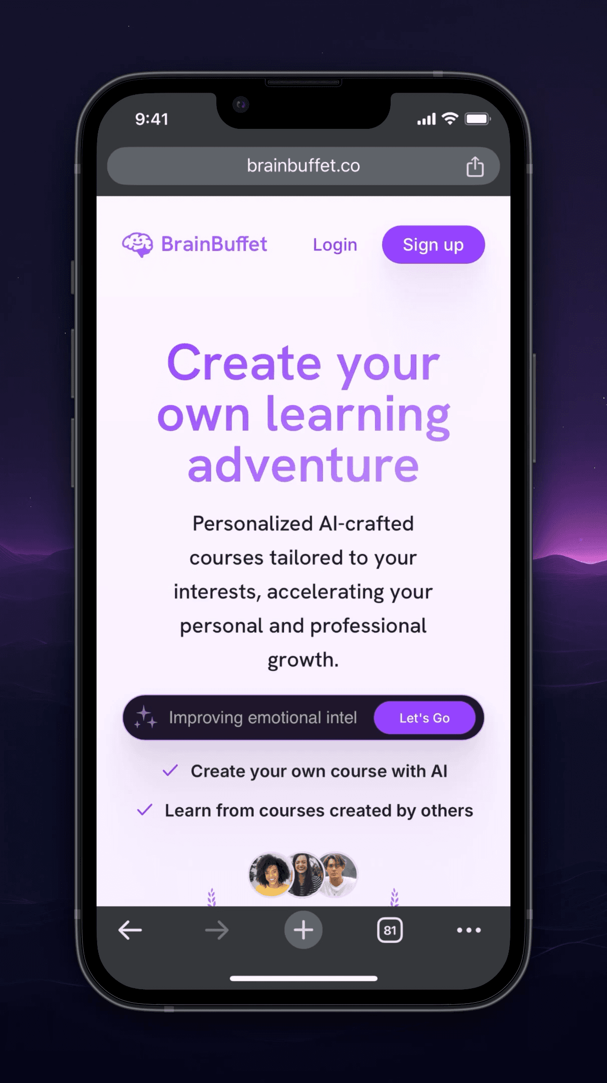 Saved BrainBuffet mobile composition with the original learning-adventure landing page and topic input