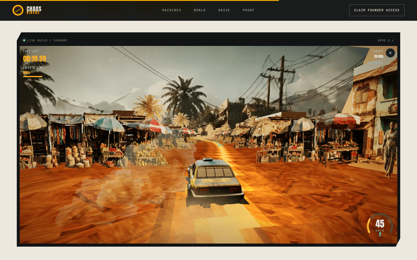 Captured Chaos Riders browser prototype with a taxi on a market road, racing line, countdown, speed, and smooth-line feedback