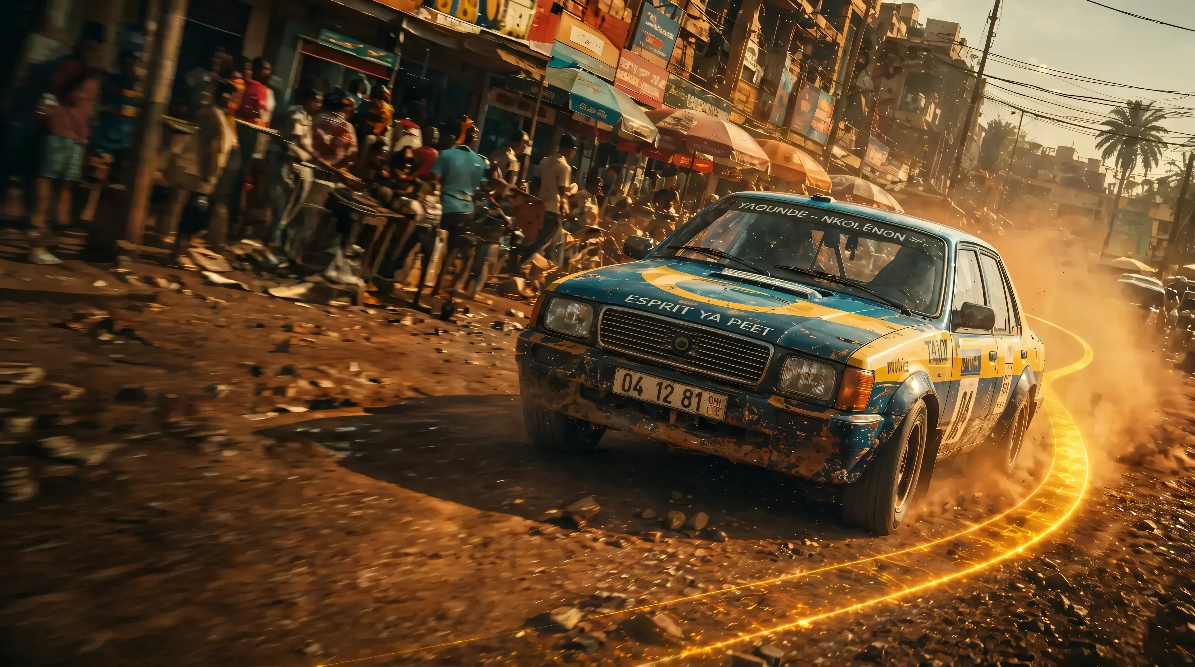 Chaos Riders concept artwork of a weathered taxi turning through a dusty Yaoundé market