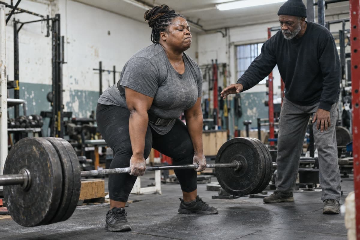A person mid-lift in a plain gym, photographed at chest height in ordinary light