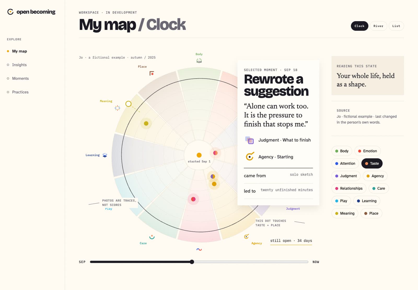 Open Becoming workspace showing the Life Clock with a selected moment: Rewrote a suggestion, with the person's own words and the way chips beside it