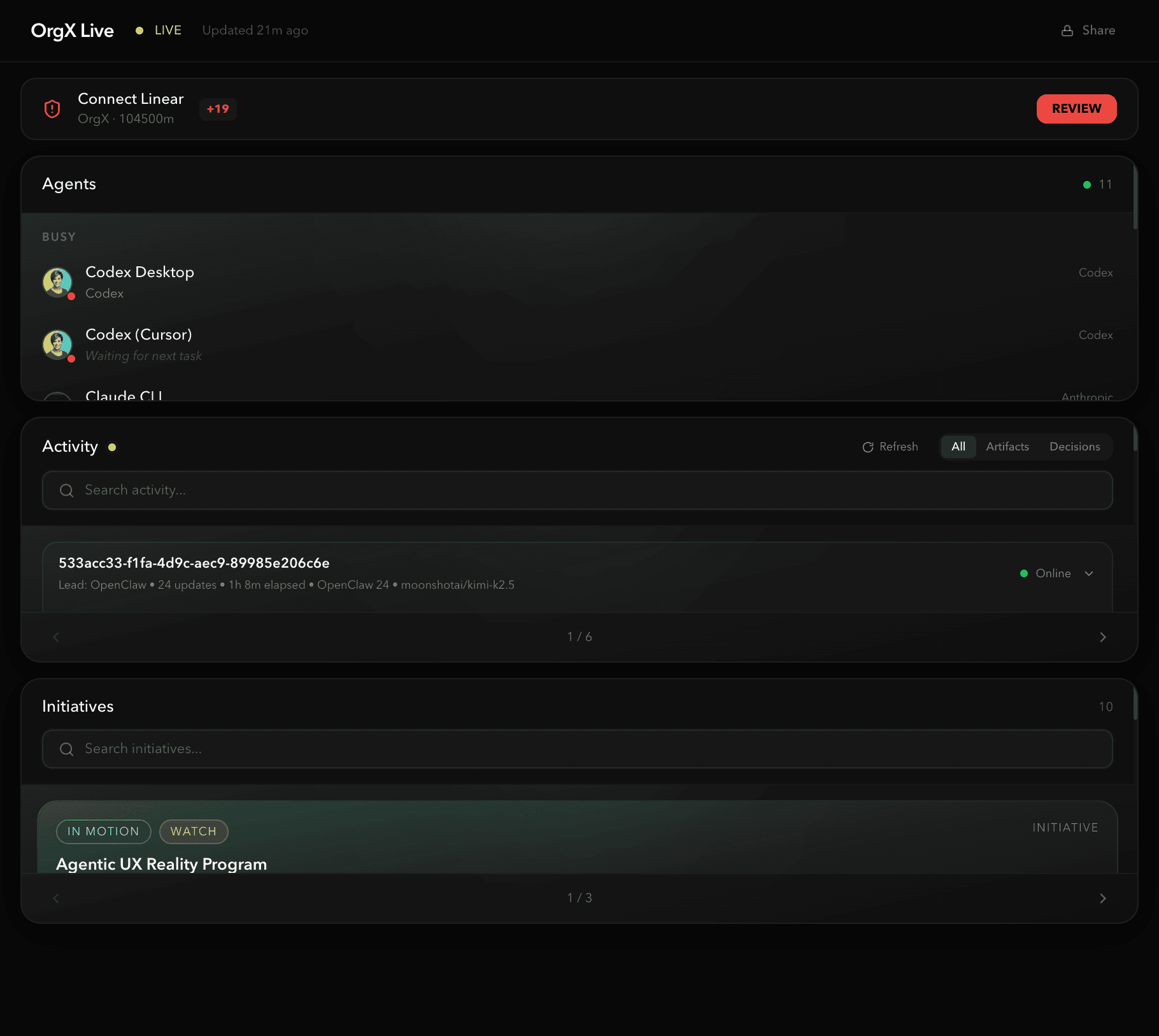 OrgX live platform interface