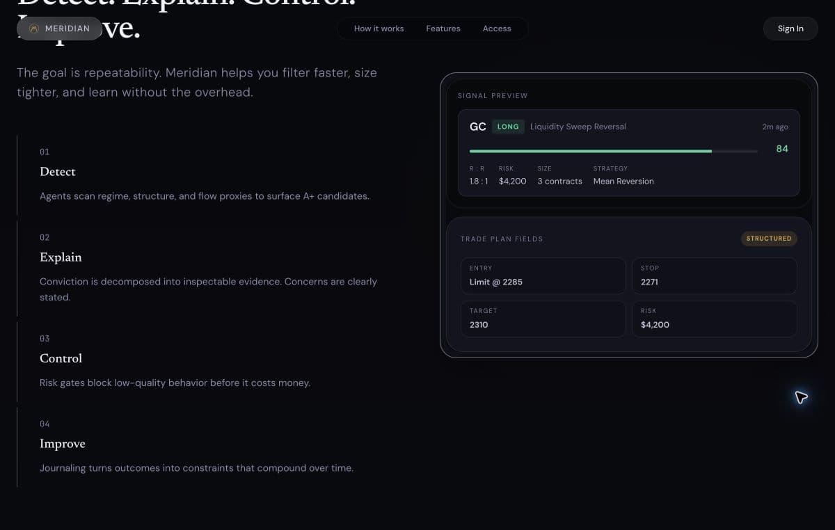 Meridian’s public workflow preview showing Detect, Explain, Control, and Improve alongside an example signal card and structured trade-plan fields