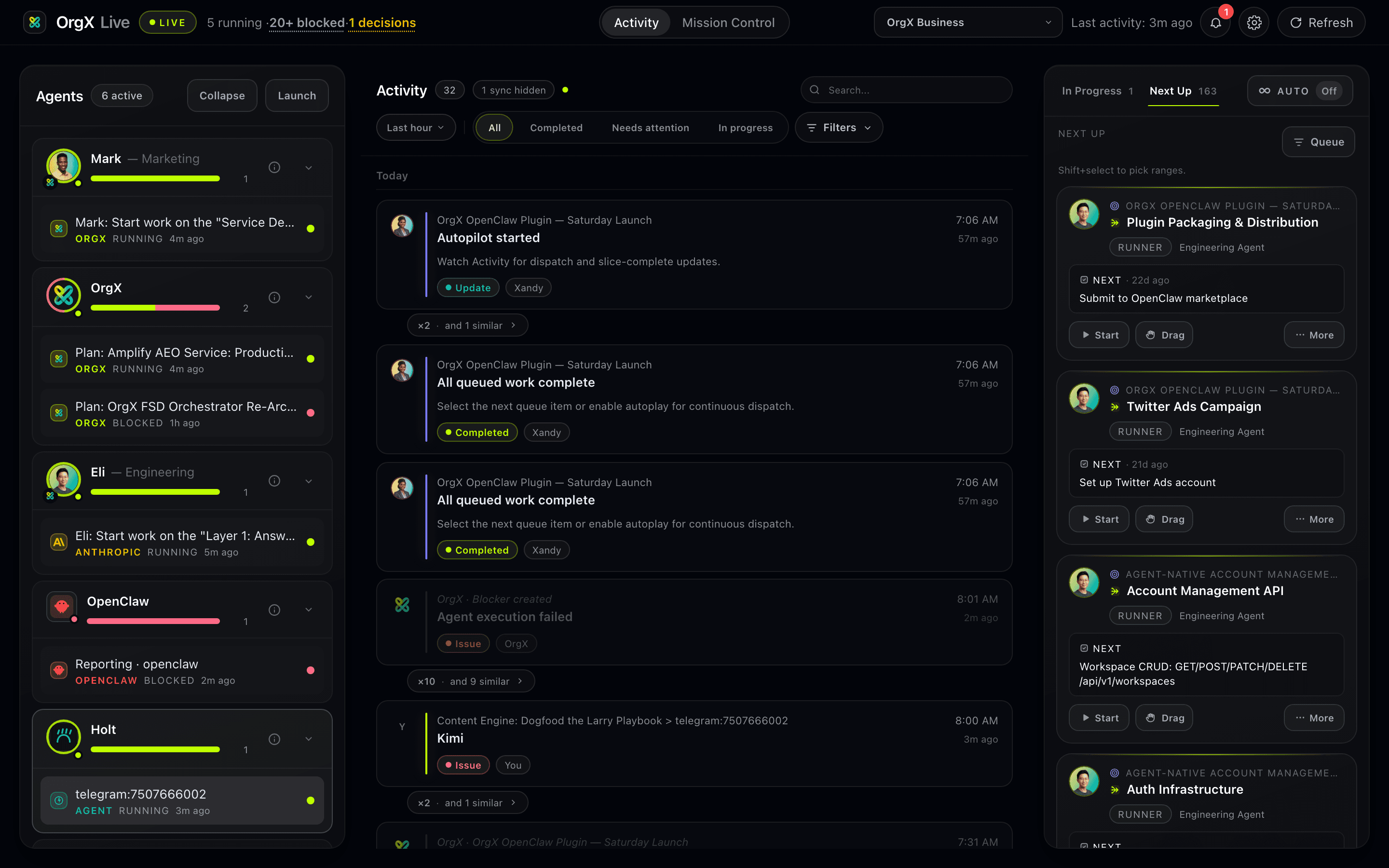 OrgX for OpenClaw activity timeline with completed and failed agent work
