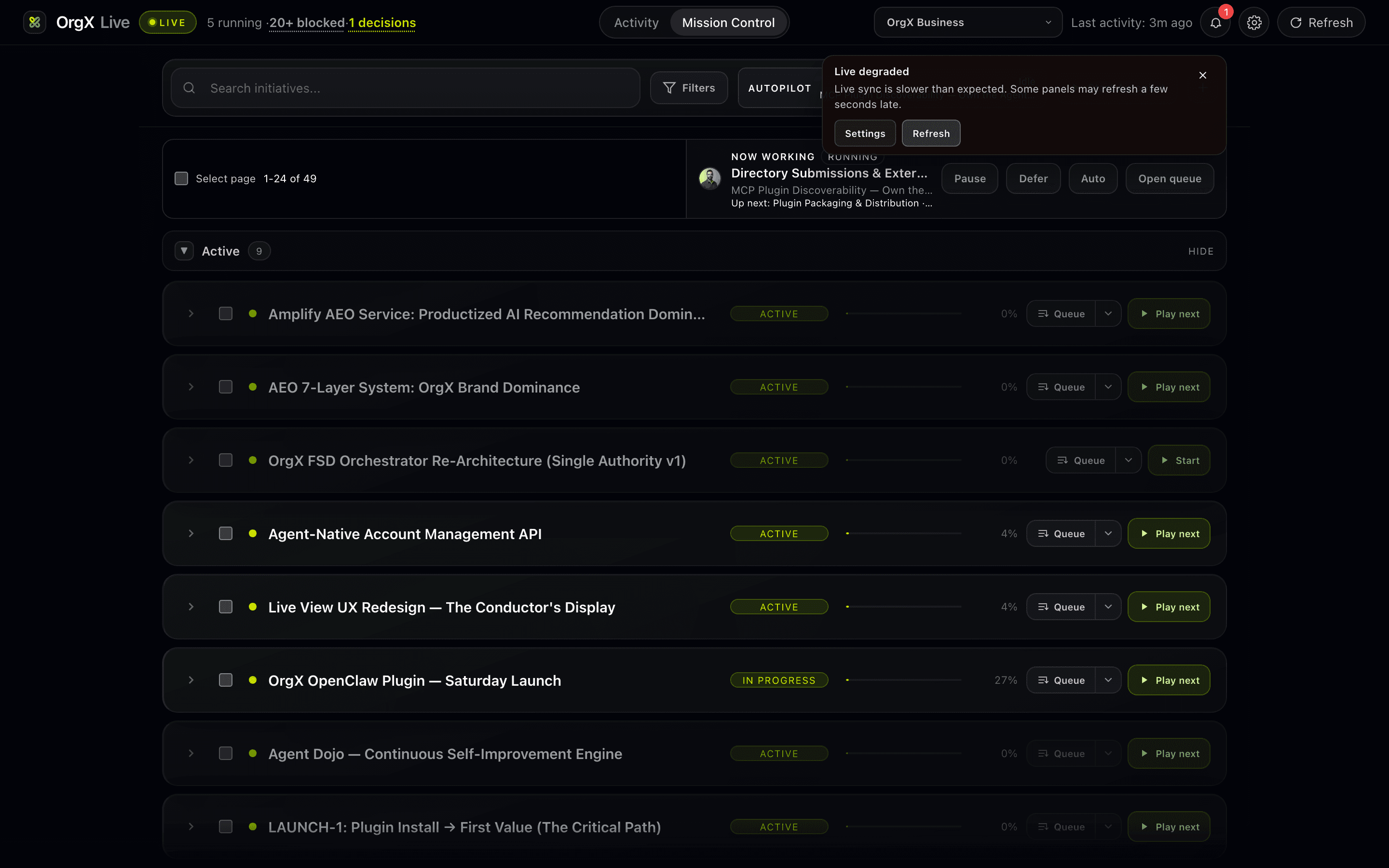 Mission control view for OrgX for OpenClaw showing active work and next actions